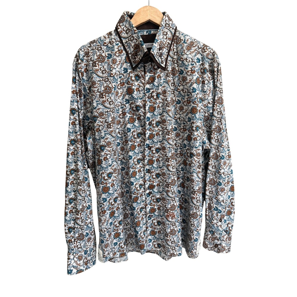 John Lennon Mens Floral Paisley Button Down Shirt Blue Brown Long Sleeve 3XL - Picture 2 of 10